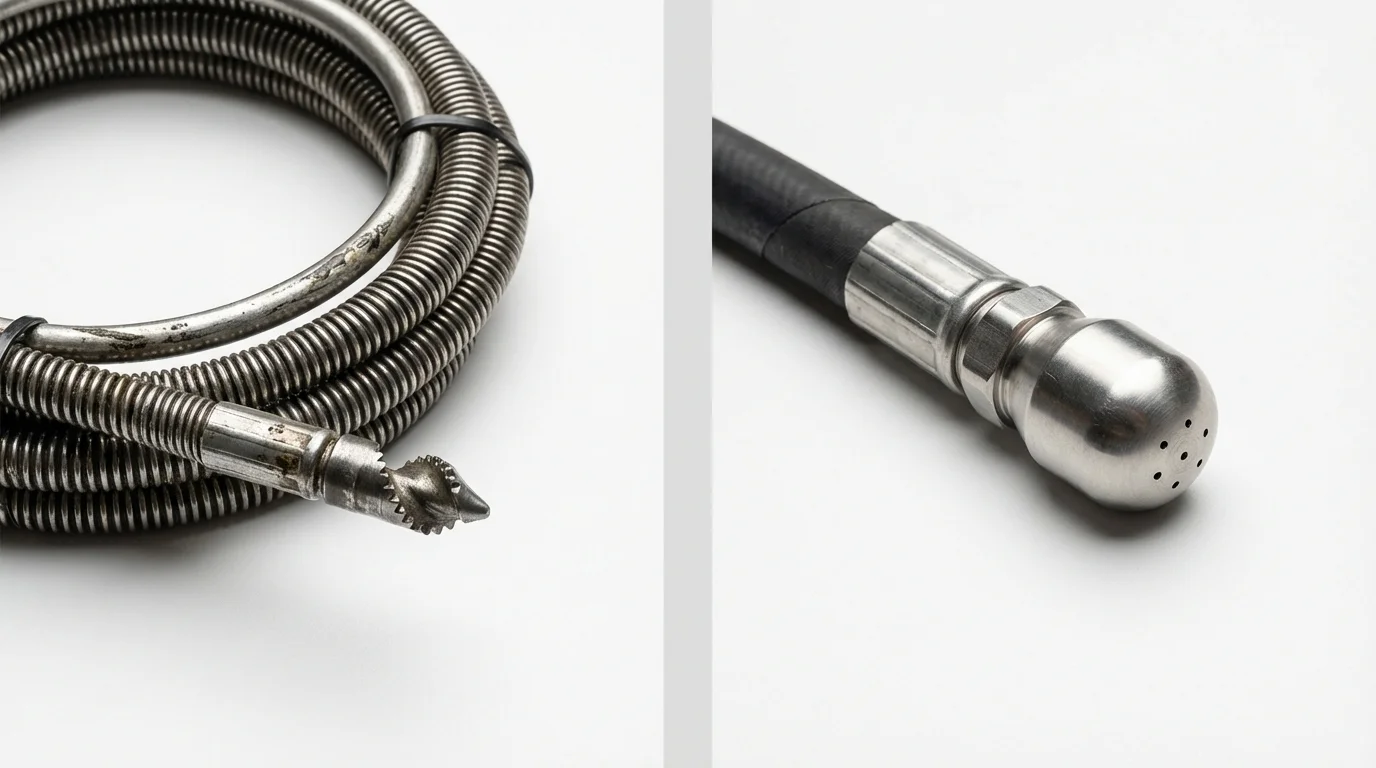 Drain snake cable and hydro jetting nozzle used for drain cleaning in Westchester, IL