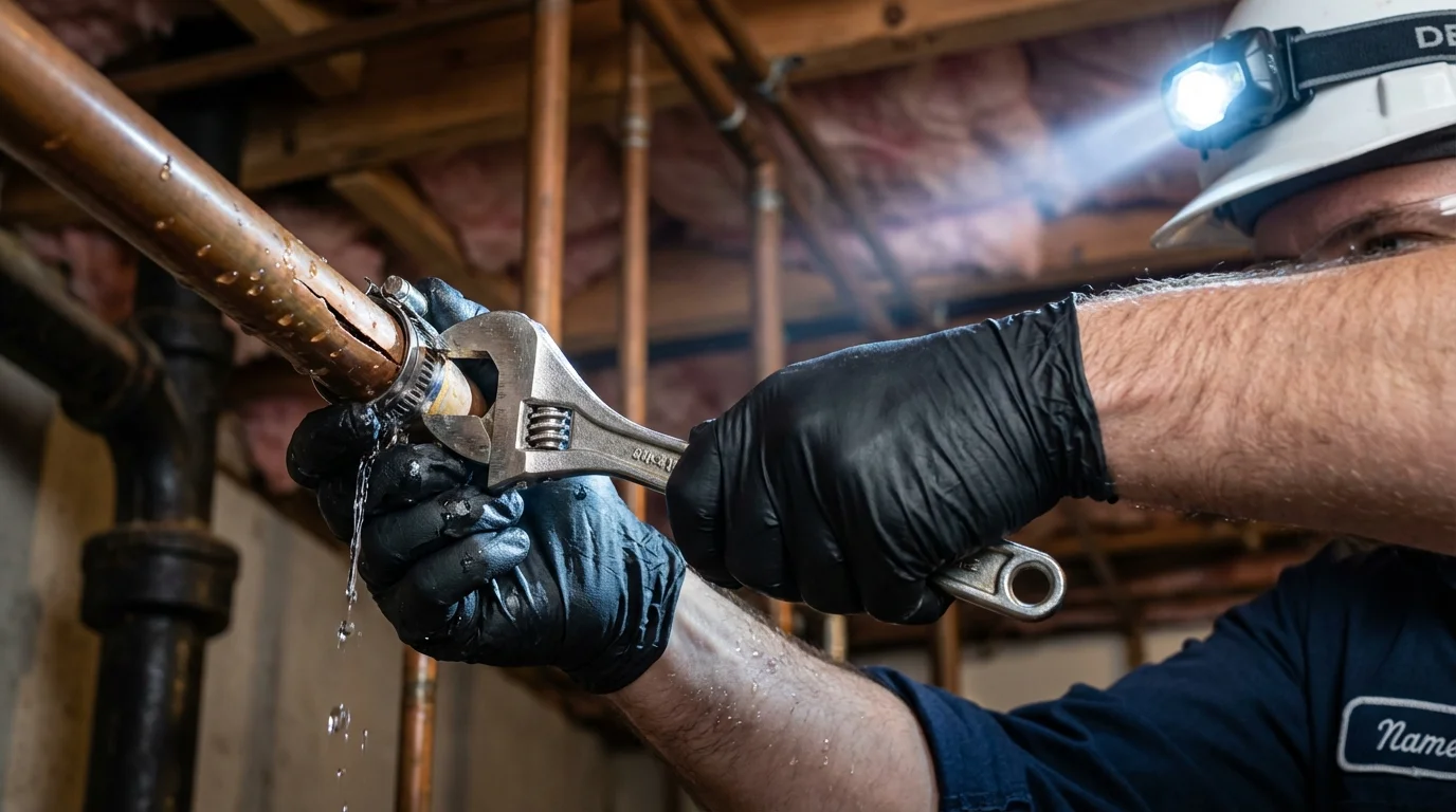 Emergency pipe clamp repair being performed by a Johns Plumbing LLC plumber in Westchester