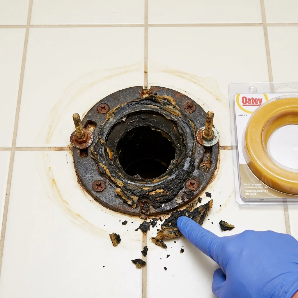 Failed wax ring showing water seepage at the base of a toilet in a Westchester, IL home