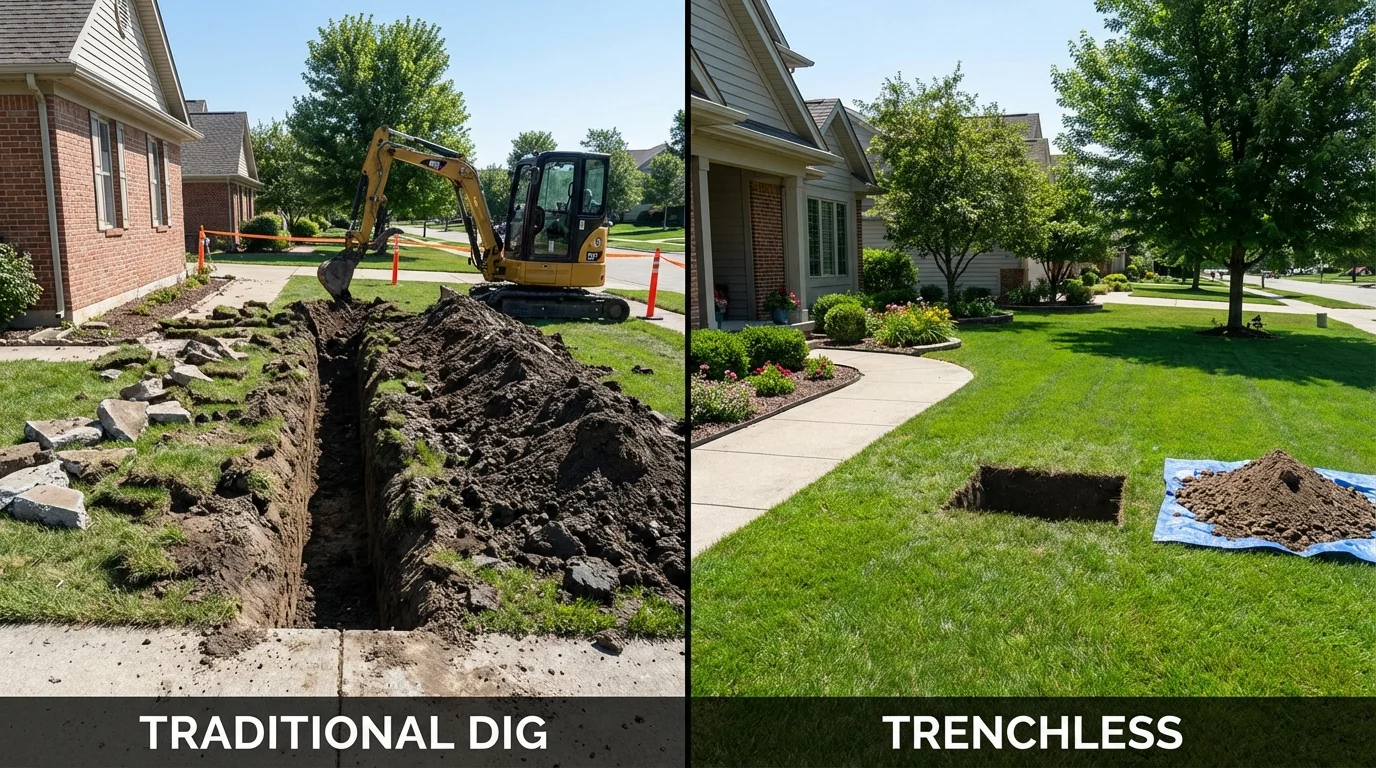 Trenchless sewer repair with minimal yard damage versus traditional excavation in Westchester, IL