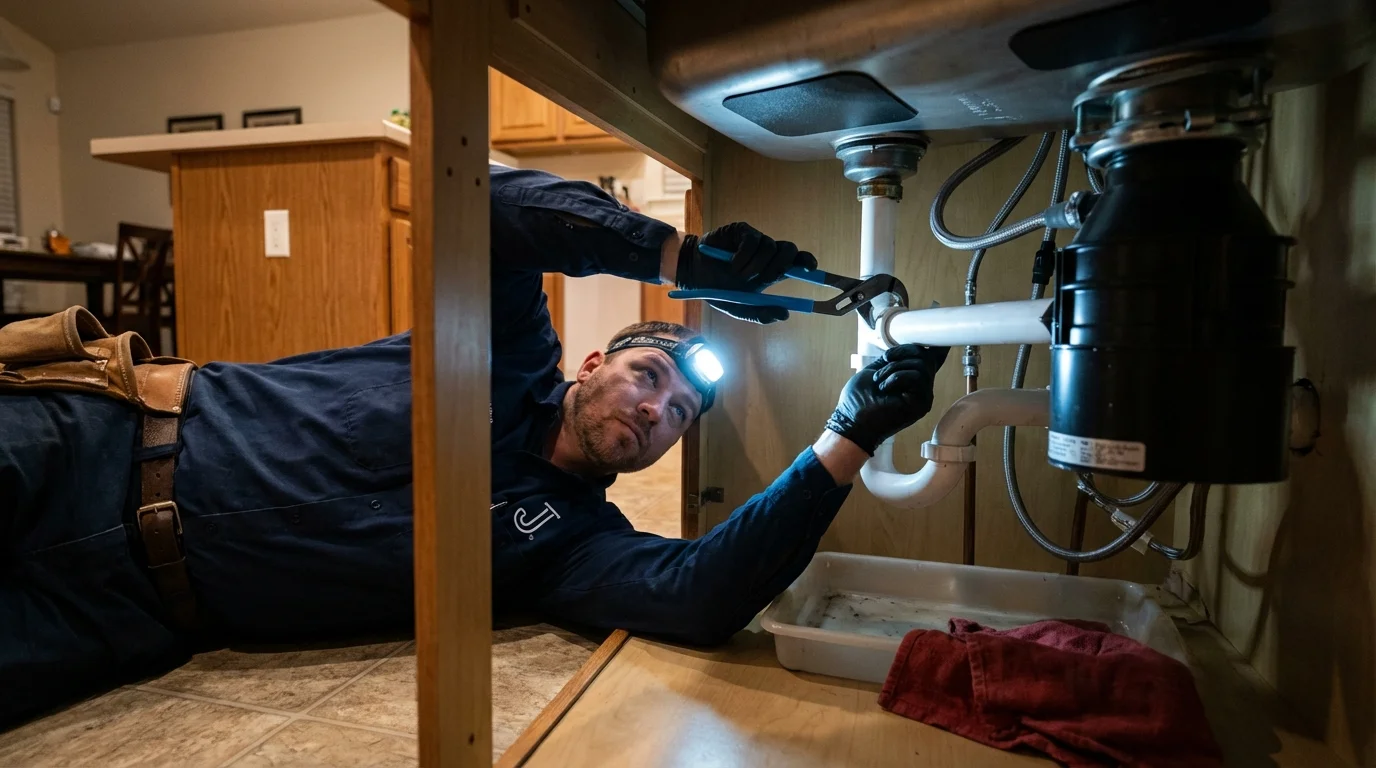 P-trap and supply line connections under a kitchen sink showing a common leak point in Westchester, IL